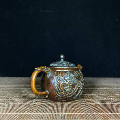 Exquisite Handcrafted Pure Copper Dragon and Phoenix Teapot - A Rare Antique Masterpiece