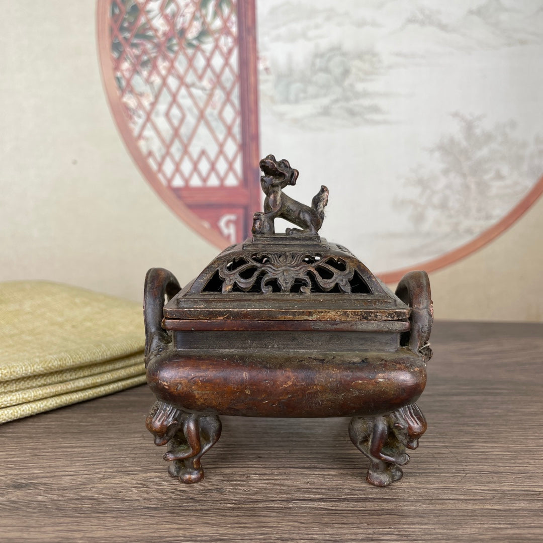 Exquisite Craftsmanship Double-Ear Lion Lid Incense Burner - Rare Handmade Art Piece, Perfect for Home and Office Decor