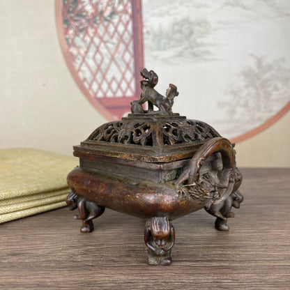 Exquisite Craftsmanship Double-Ear Lion Lid Incense Burner - Rare Handmade Art Piece, Perfect for Home and Office Decor