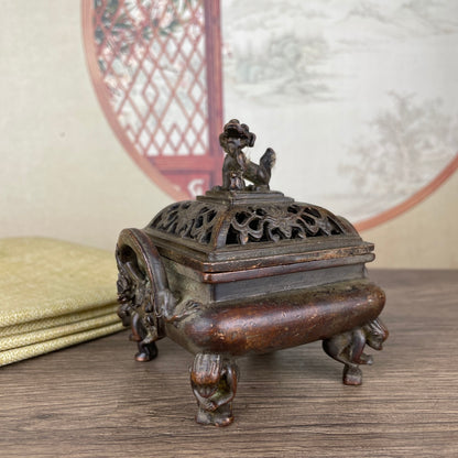 Exquisite Craftsmanship Double-Ear Lion Lid Incense Burner - Rare Handmade Art Piece, Perfect for Home and Office Decor