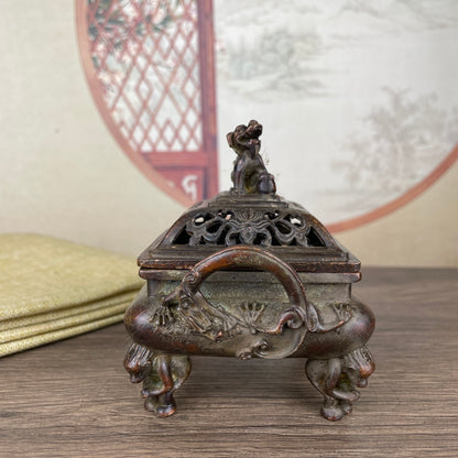 Exquisite Craftsmanship Double-Ear Lion Lid Incense Burner - Rare Handmade Art Piece, Perfect for Home and Office Decor