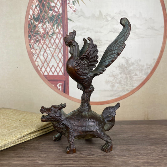 Exquisite Rooster on Dragon Turtle Sculpture - Handcrafted Antique Décor Piece