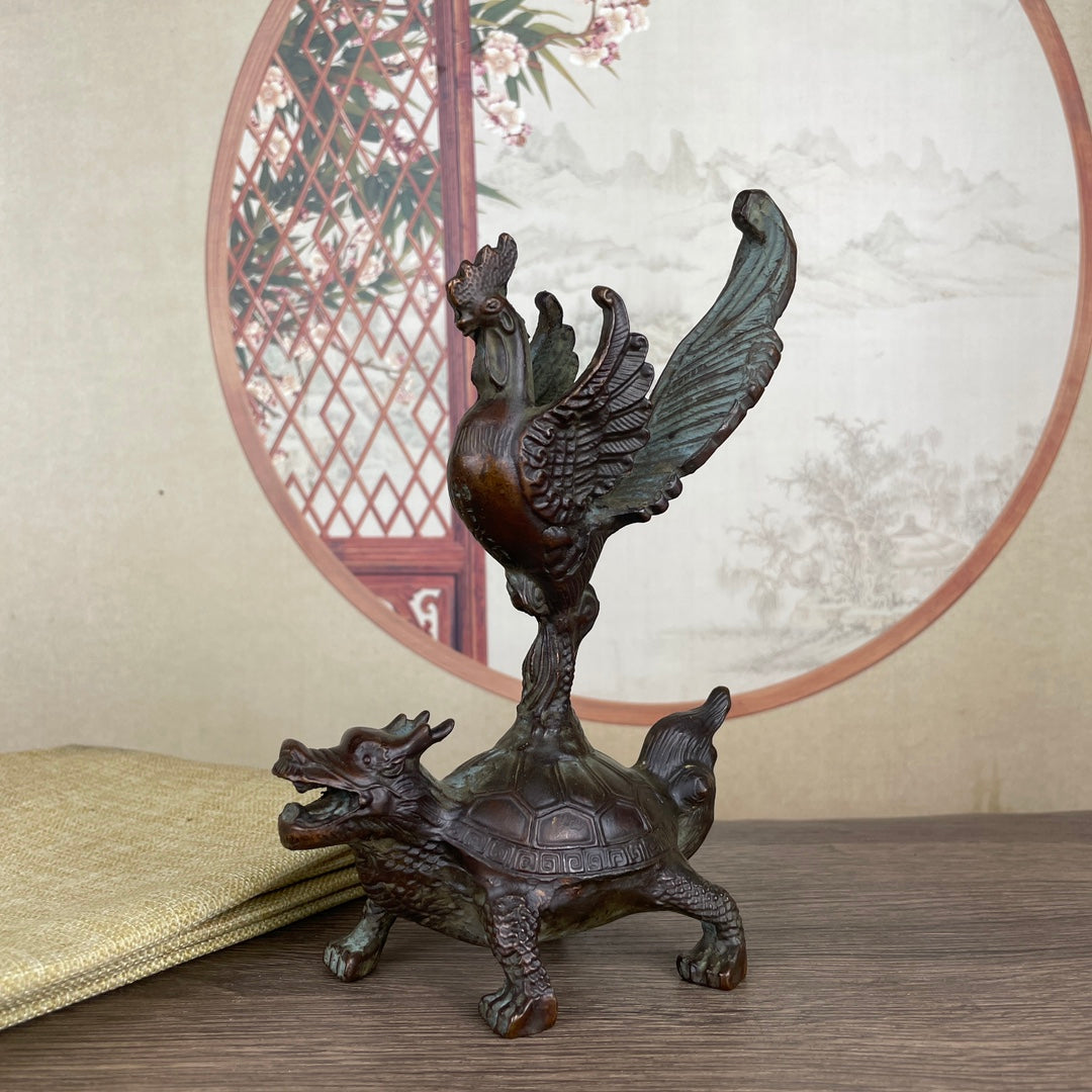 Exquisite Rooster on Dragon Turtle Sculpture - Handcrafted Antique Décor Piece