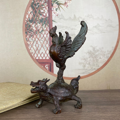 Exquisite Rooster on Dragon Turtle Sculpture - Handcrafted Antique Décor Piece