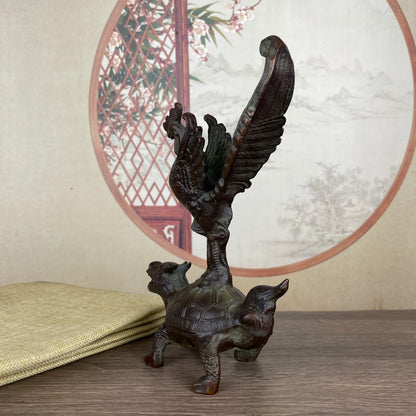 Exquisite Rooster on Dragon Turtle Sculpture - Handcrafted Antique Décor Piece