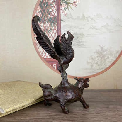 Exquisite Rooster on Dragon Turtle Sculpture - Handcrafted Antique Décor Piece