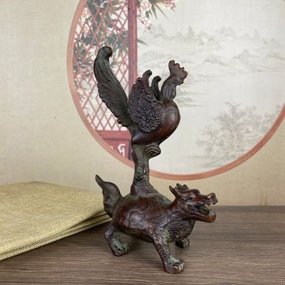 Exquisite Rooster on Dragon Turtle Sculpture - Handcrafted Antique Décor Piece