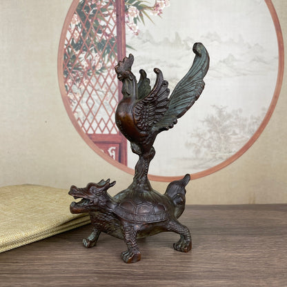 Exquisite Rooster on Dragon Turtle Sculpture - Handcrafted Antique Décor Piece