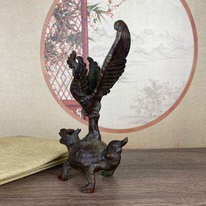 Exquisite Rooster on Dragon Turtle Sculpture - Handcrafted Antique Décor Piece