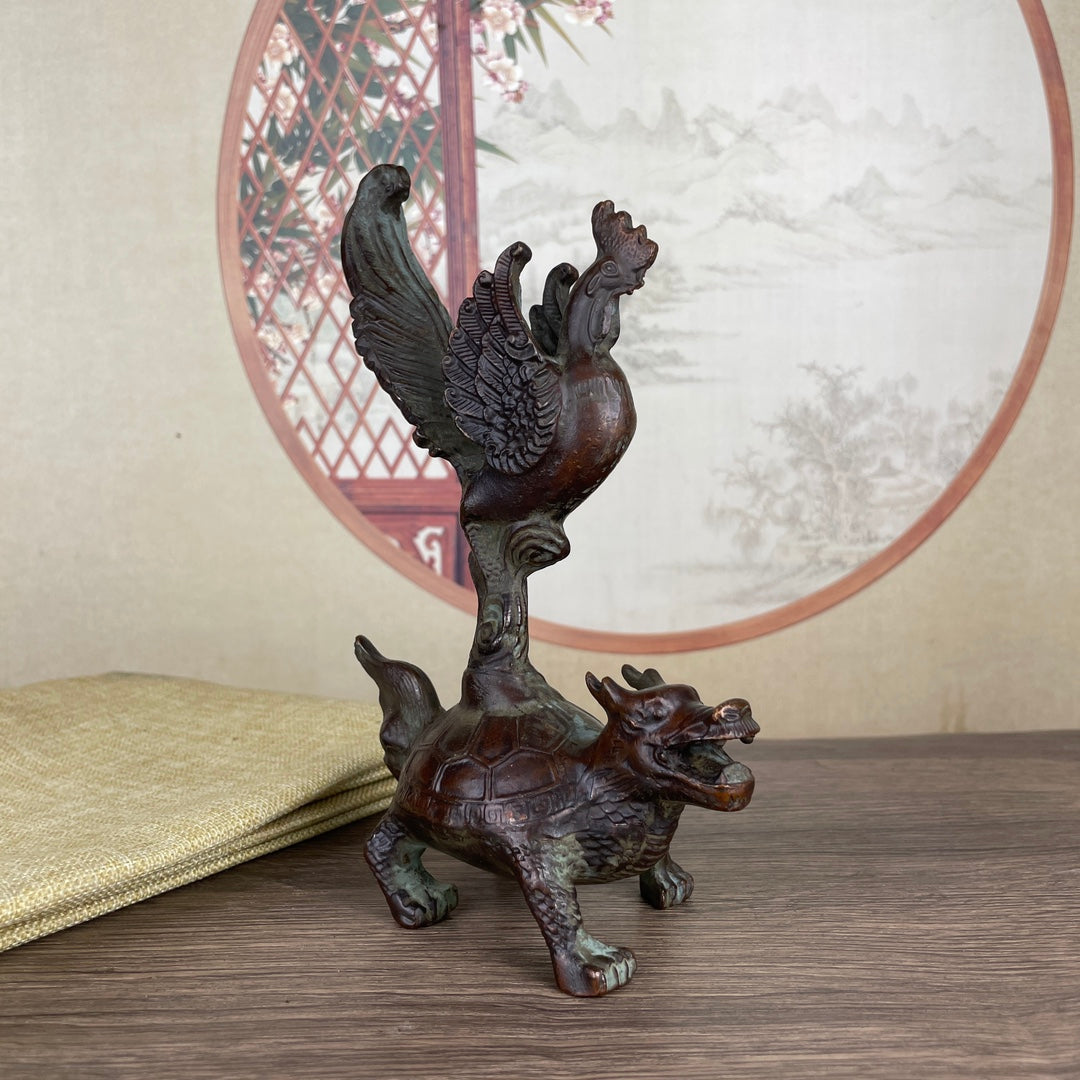 Exquisite Rooster on Dragon Turtle Sculpture - Handcrafted Antique Décor Piece