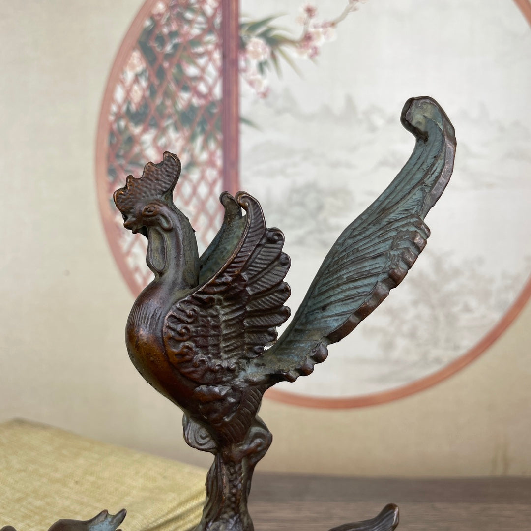 Exquisite Rooster on Dragon Turtle Sculpture - Handcrafted Antique Décor Piece