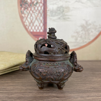 Large Double-Ear Dragon Incense Burner - Exquisite Handmade Craft and Unique Antique Design