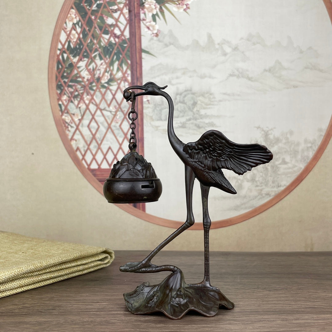 Rare Handcrafted Crane Sculpture Incense Burner - Exquisite Desktop Ornament