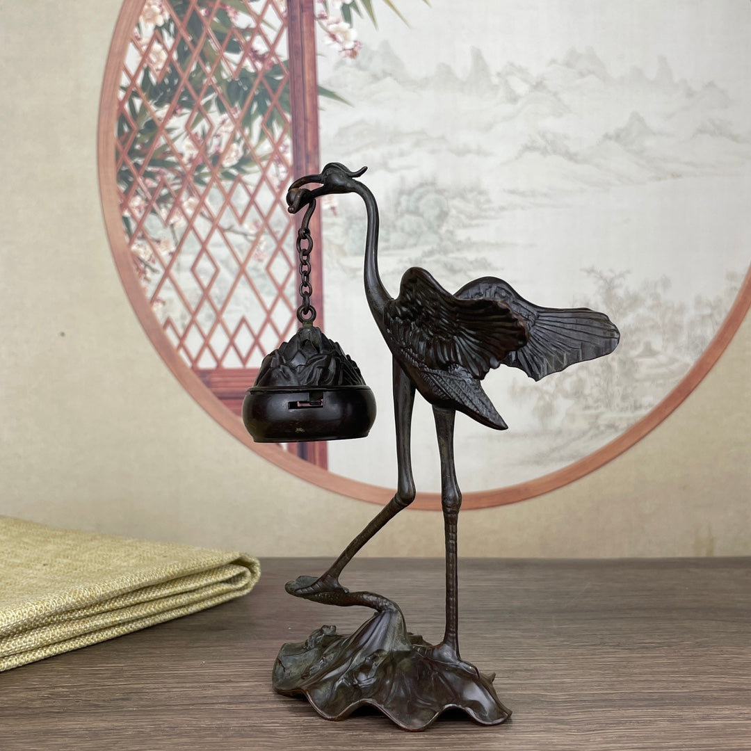 Rare Handcrafted Crane Sculpture Incense Burner - Exquisite Desktop Ornament