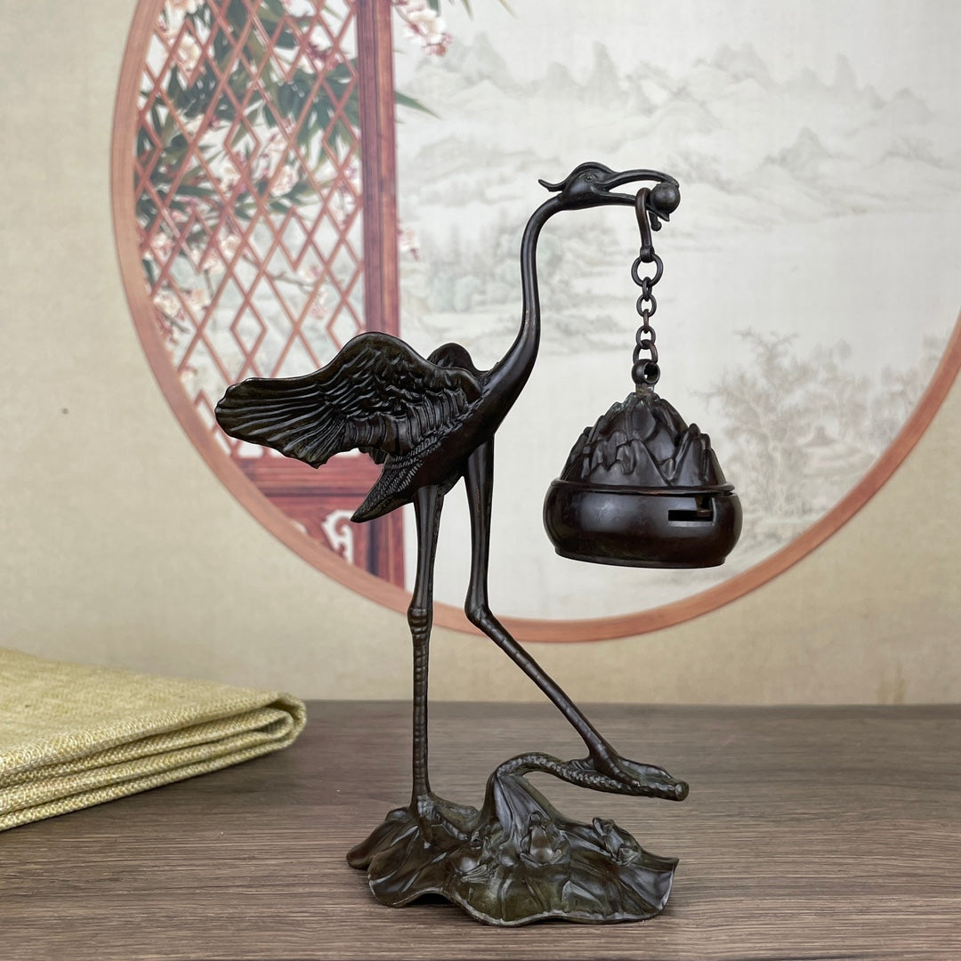 Rare Handcrafted Crane Sculpture Incense Burner - Exquisite Desktop Ornament