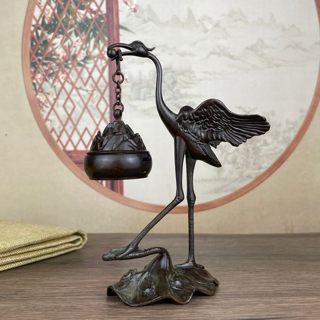 Rare Handcrafted Crane Sculpture Incense Burner - Exquisite Desktop Ornament