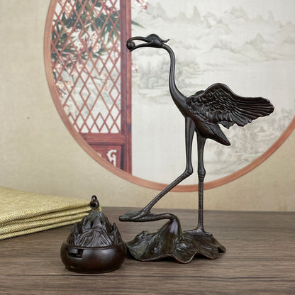 Rare Handcrafted Crane Sculpture Incense Burner - Exquisite Desktop Ornament