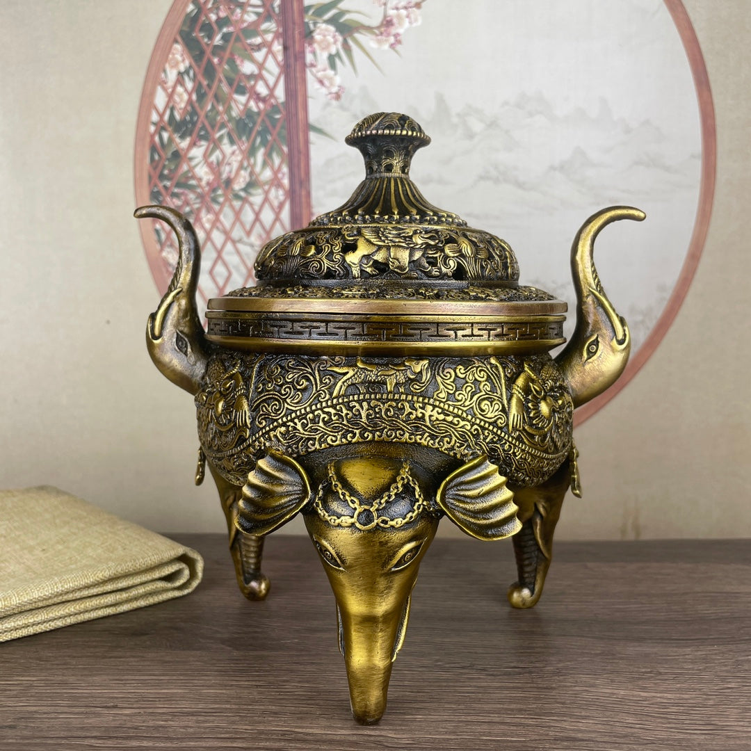 Exquisite Handcrafted Copper Three-Legged Elephant Head Incense Burner - Unique Gift for Collectors and Decor Enthusiasts