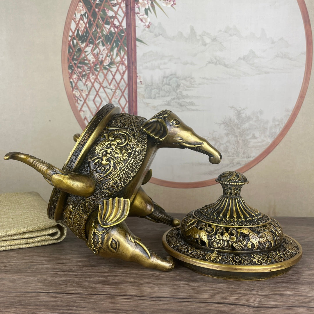 Exquisite Handcrafted Copper Three-Legged Elephant Head Incense Burner - Unique Gift for Collectors and Decor Enthusiasts