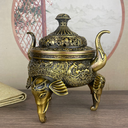 Exquisite Handcrafted Copper Three-Legged Elephant Head Incense Burner - Unique Gift for Collectors and Decor Enthusiasts