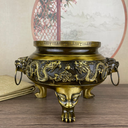 Exquisite Handcrafted Double Dragon Copper Incense Burner - Rare Art Piece, Perfect for Home and Office Décor