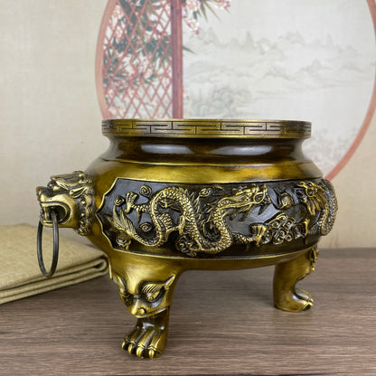 Exquisite Handcrafted Double Dragon Copper Incense Burner - Rare Art Piece, Perfect for Home and Office Décor