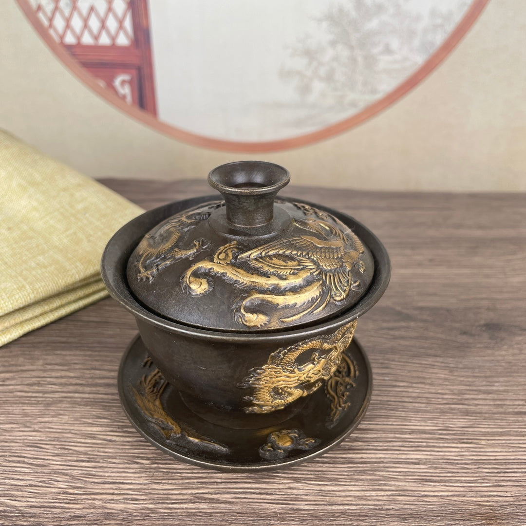 Exquisite Handcrafted Copper Dragon & Phoenix Covered Bowl - Unique Collectible and Gift