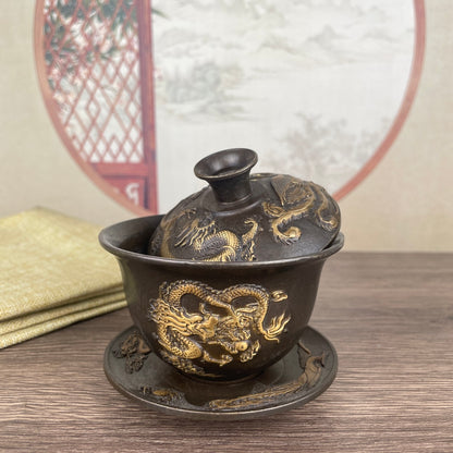 Exquisite Handcrafted Copper Dragon & Phoenix Covered Bowl - Unique Collectible and Gift