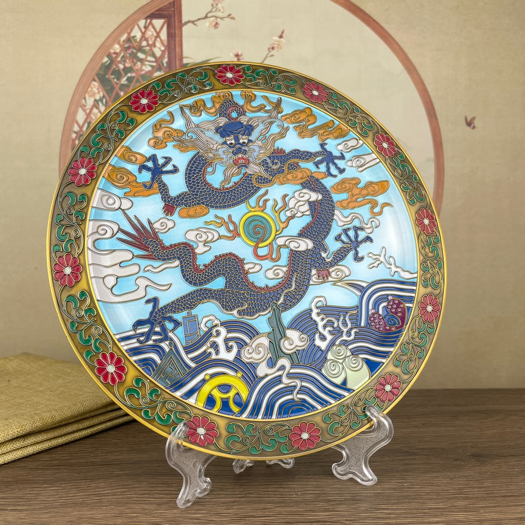 Exquisite Enamel Dragon Plate - Handcrafted Masterpiece for Collectors and Decor Enthusiasts