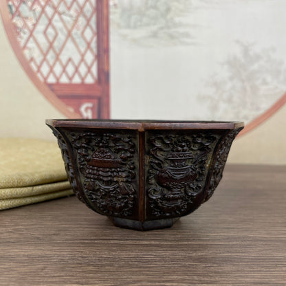 Exquisitely Carved Eight Treasure Bowl - Handcrafted Art Piece, Rare and Unique Gift