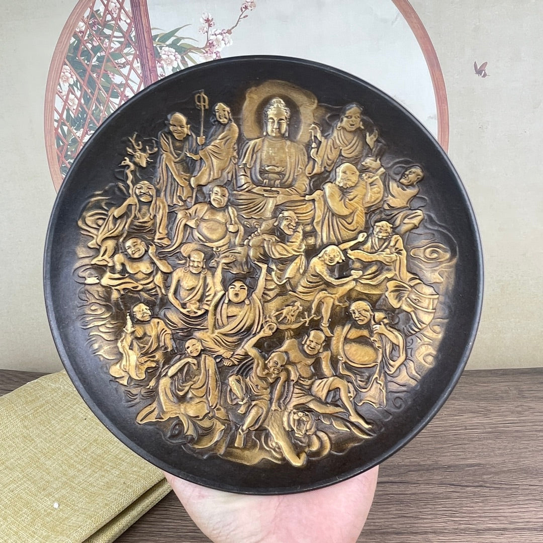 Exquisite Handcrafted Copper Plate of Eighteen Arhats - Unique Desktop Decor & Rare Collectible