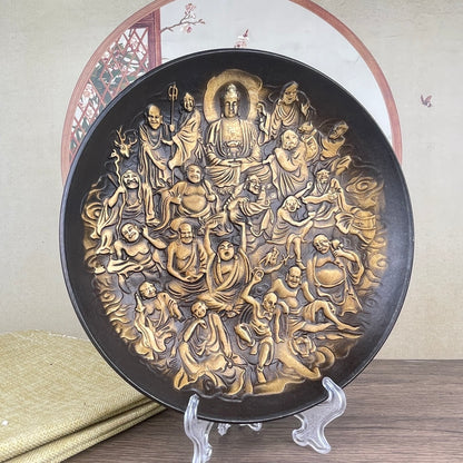 Exquisite Handcrafted Copper Plate of Eighteen Arhats - Unique Desktop Decor & Rare Collectible