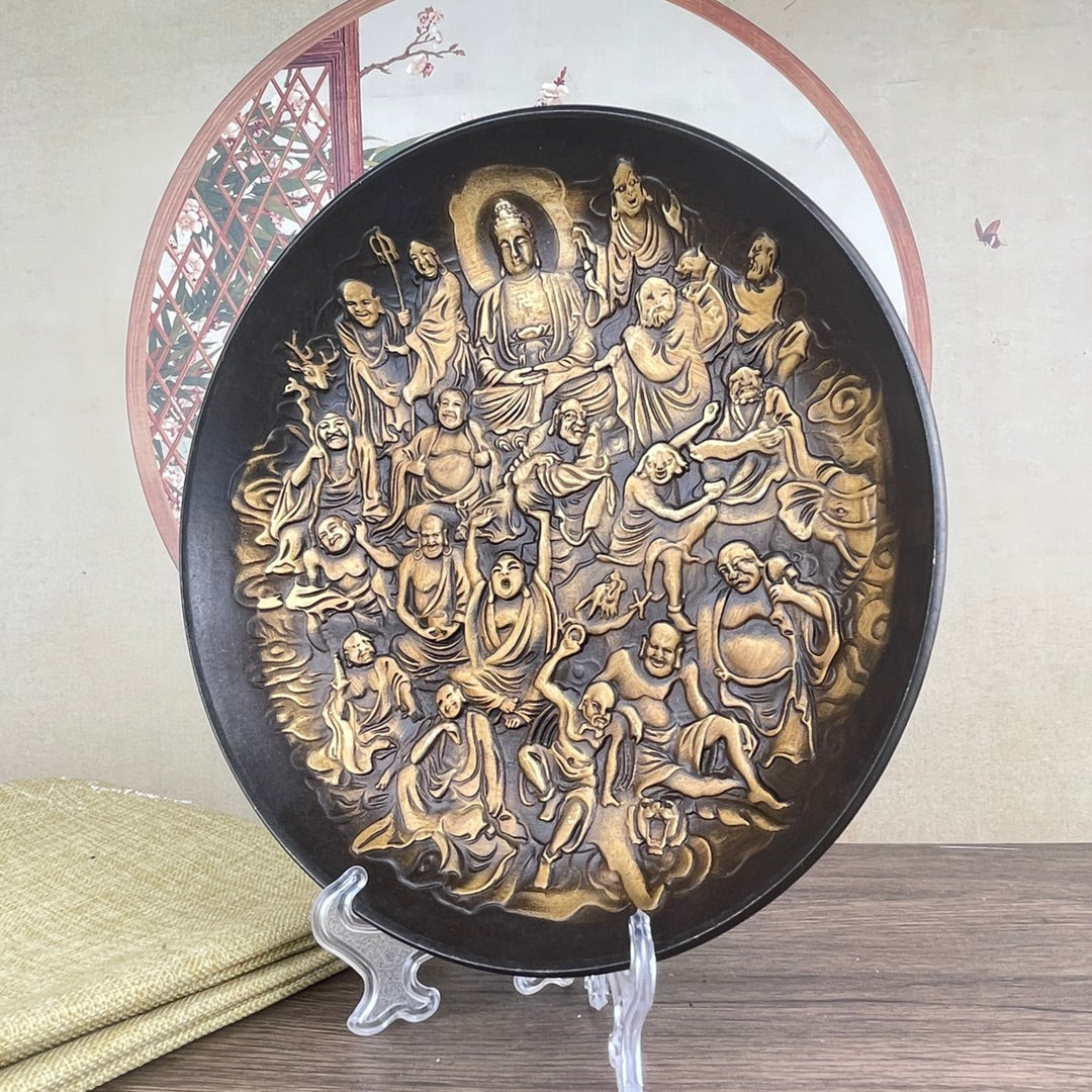 Exquisite Handcrafted Copper Plate of Eighteen Arhats - Unique Desktop Decor & Rare Collectible