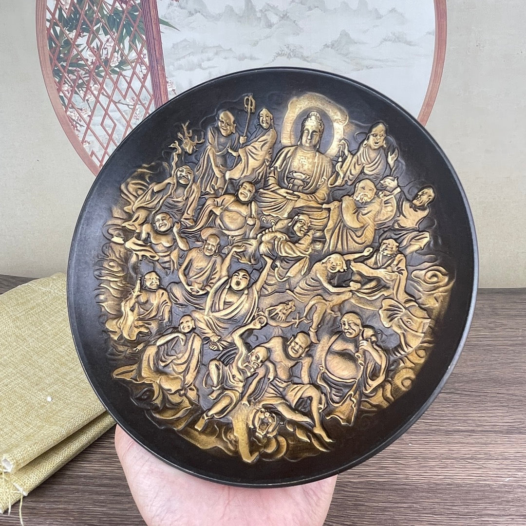 Exquisite Handcrafted Copper Plate of Eighteen Arhats - Unique Desktop Decor & Rare Collectible