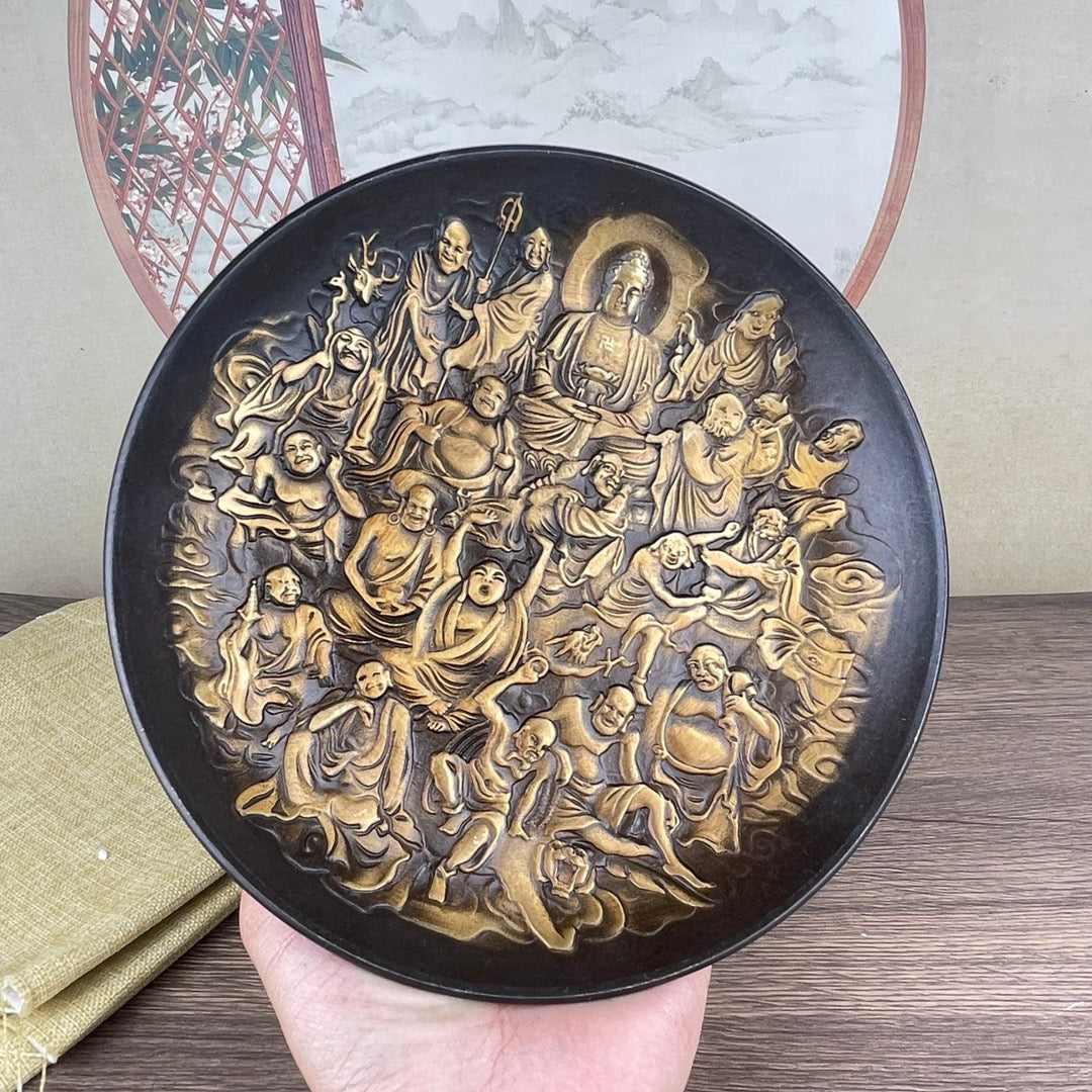 Exquisite Handcrafted Copper Plate of Eighteen Arhats - Unique Desktop Decor & Rare Collectible