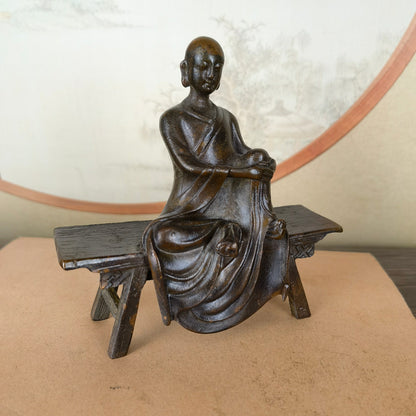 Handcrafted Monk Sculpture Sitting on Bench - Exquisite Artwork, Unique Gift, Rare Collectible