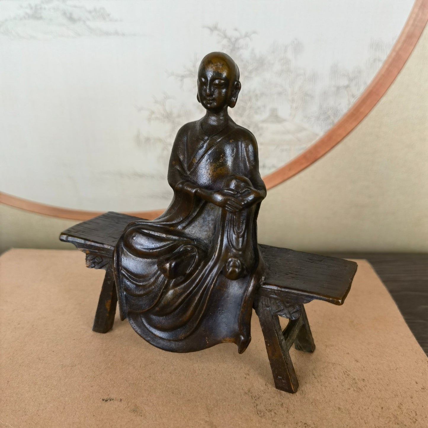 Handcrafted Monk Sculpture Sitting on Bench - Exquisite Artwork, Unique Gift, Rare Collectible