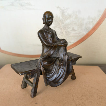 Handcrafted Monk Sculpture Sitting on Bench - Exquisite Artwork, Unique Gift, Rare Collectible