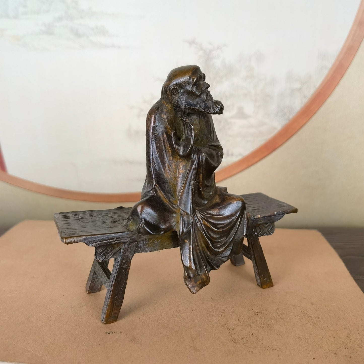 Handcrafted Dharma Statue Sitting on Bench - Unique Gift, Rare Collectible, Home & Office Decor