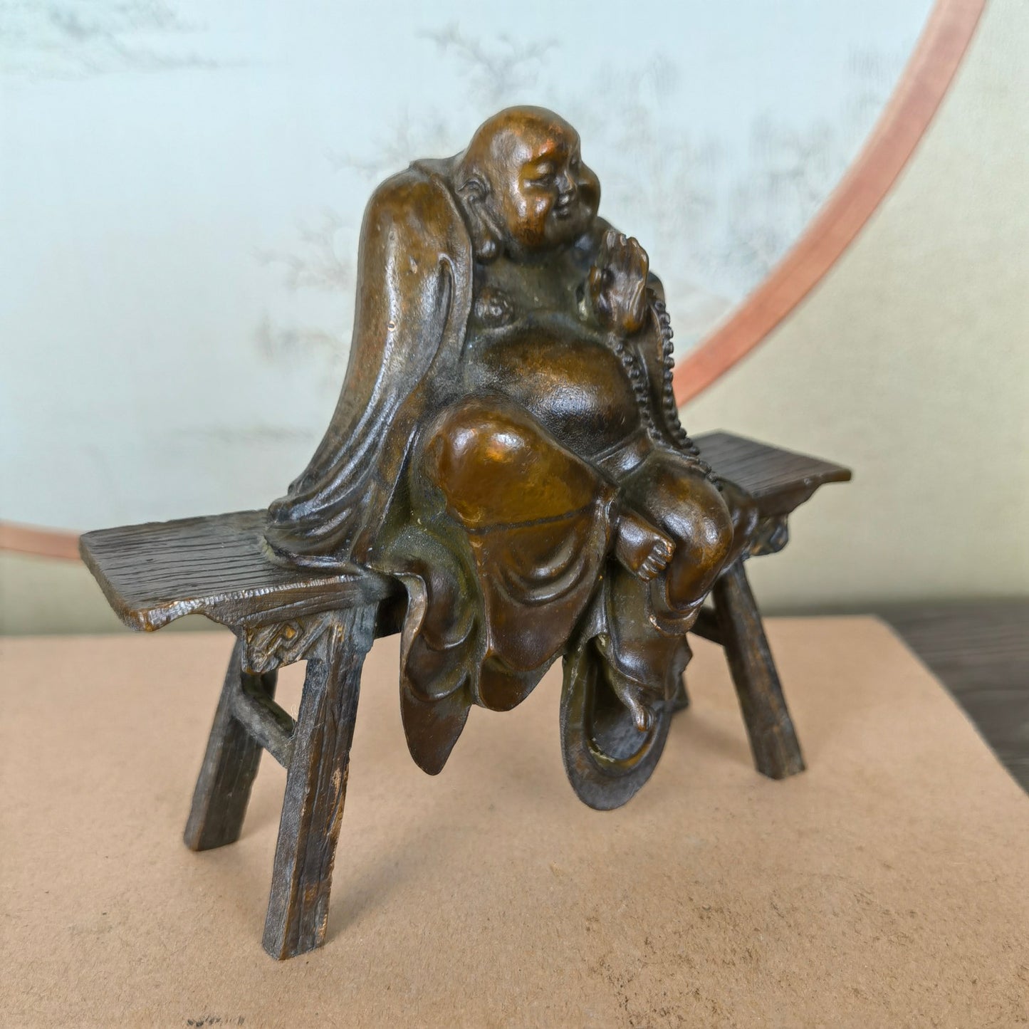 Handcrafted Maitreya Buddha Statue on Bench - Unique Gift, Rare Collectible, Home & Office Decor