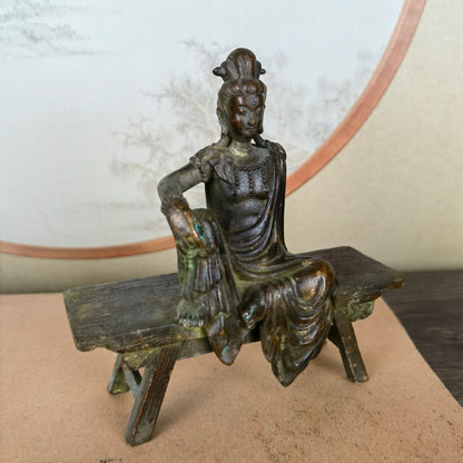 Handcrafted Guanyin Buddha Statue on Bench - Exquisite Craftsmanship, Unique Gift, Rare Collectible