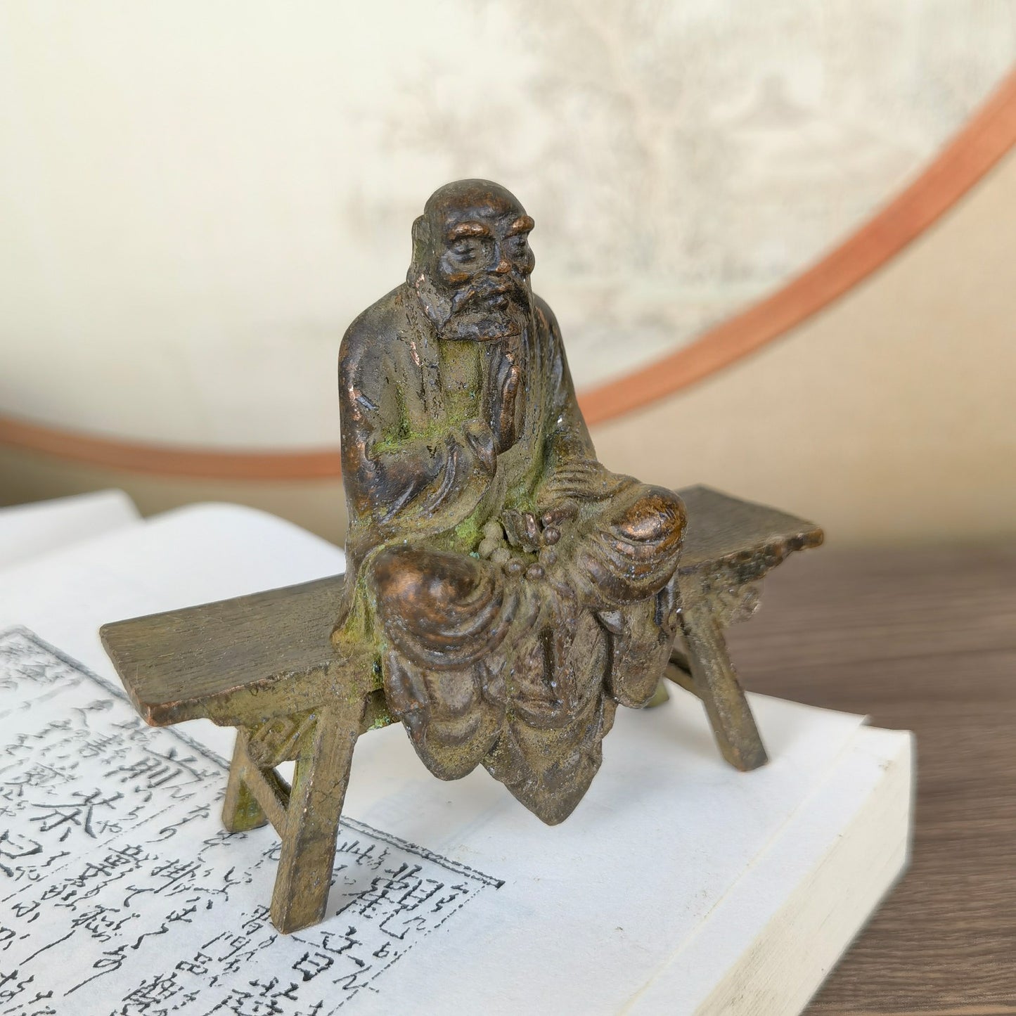 Exquisite Handmade Small Daruma Buddha Statue Sitting on a Bench - Unique Gift & Home Decor