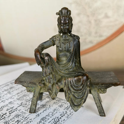 Handcrafted Small Kwan Yin Buddha Statue on Bench - Exquisite Craftsmanship, Unique Gift, Rare Collectible