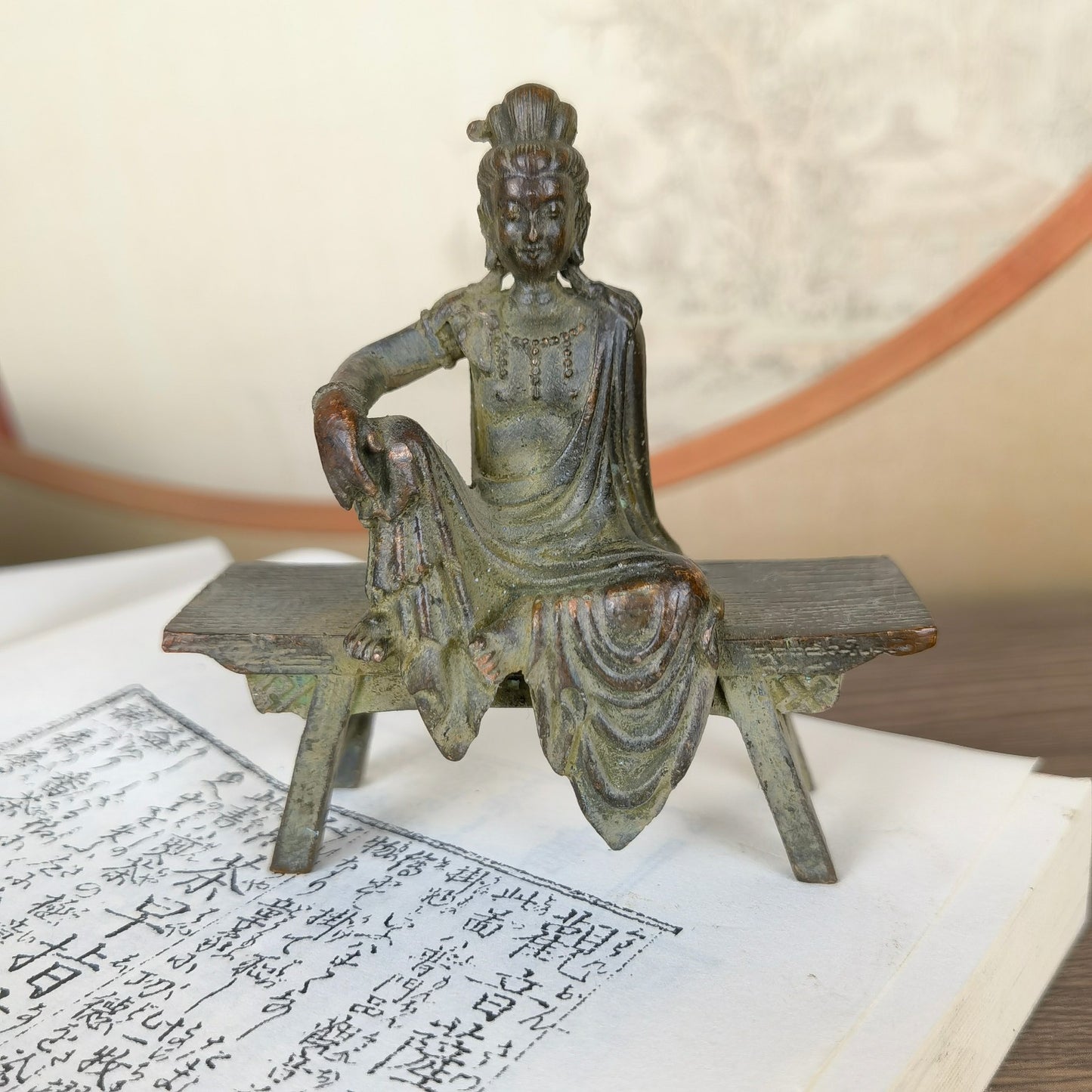 Handcrafted Small Kwan Yin Buddha Statue on Bench - Exquisite Craftsmanship, Unique Gift, Rare Collectible