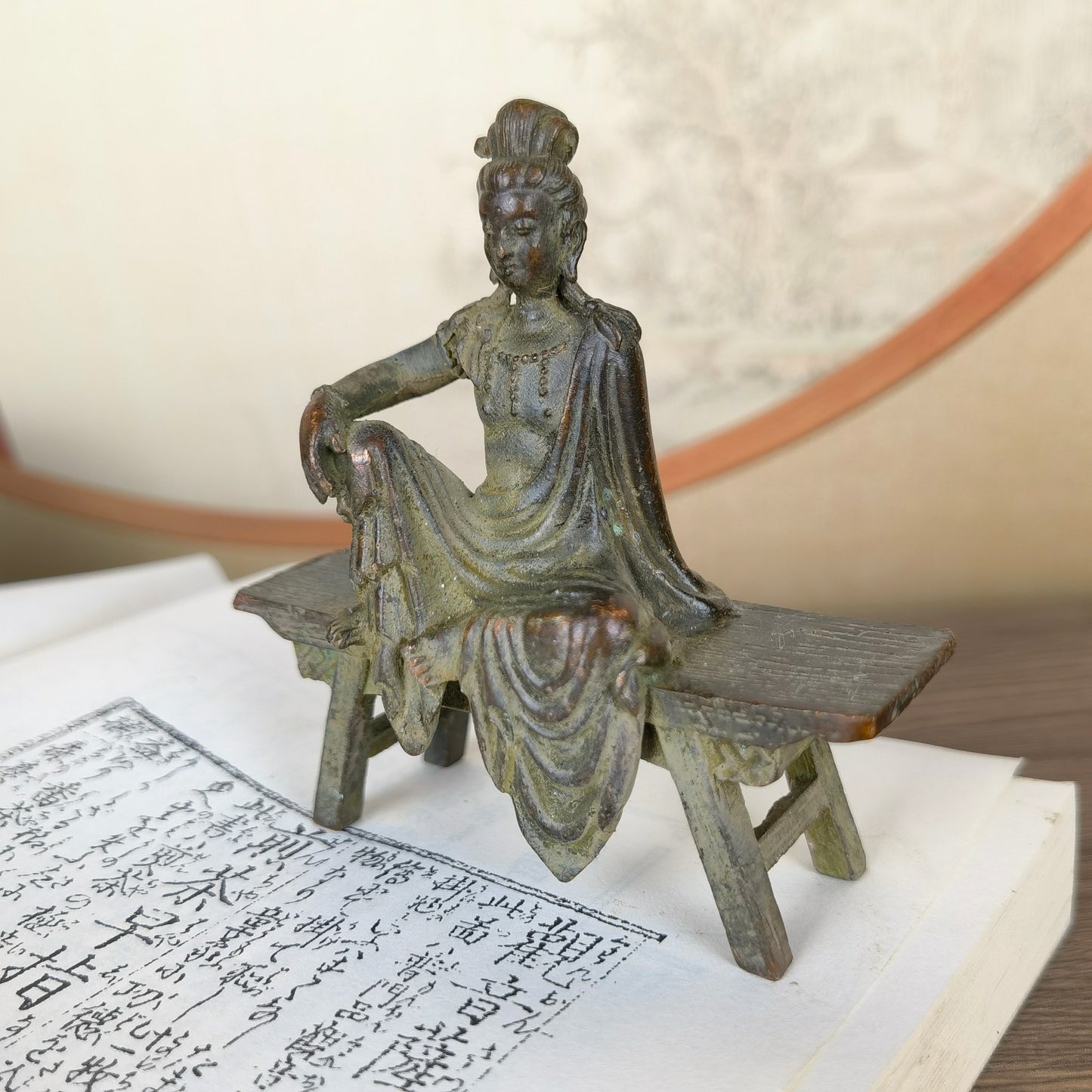 Handcrafted Small Kwan Yin Buddha Statue on Bench - Exquisite Craftsmanship, Unique Gift, Rare Collectible