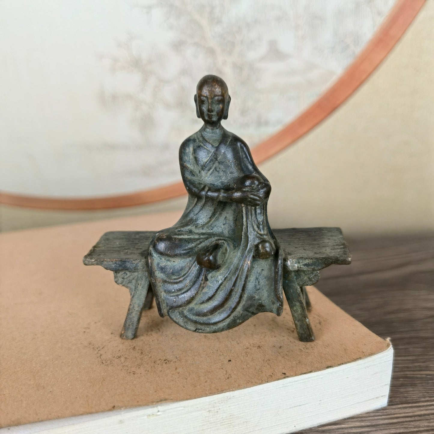 Small Monk Statue on Bench - Handcrafted, Unique Gift, Rare Collectible