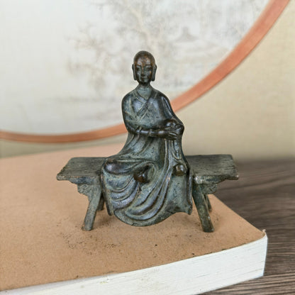 Small Monk Statue on Bench - Handcrafted, Unique Gift, Rare Collectible