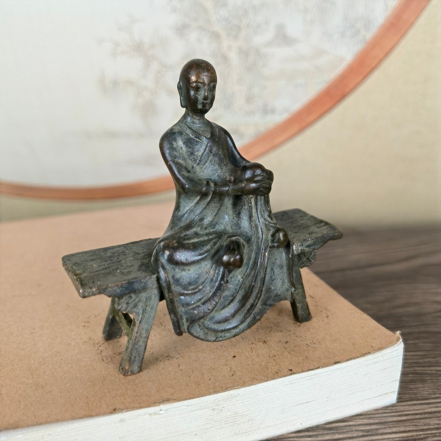 Small Monk Statue on Bench - Handcrafted, Unique Gift, Rare Collectible