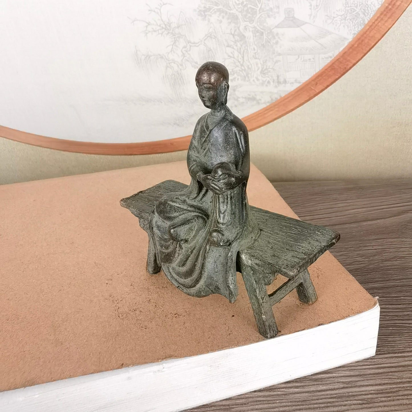 Small Monk Statue on Bench - Handcrafted, Unique Gift, Rare Collectible