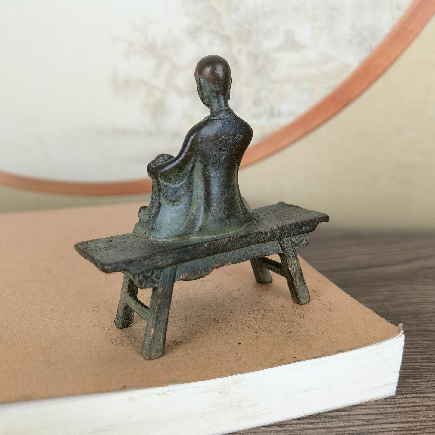 Small Monk Statue on Bench - Handcrafted, Unique Gift, Rare Collectible